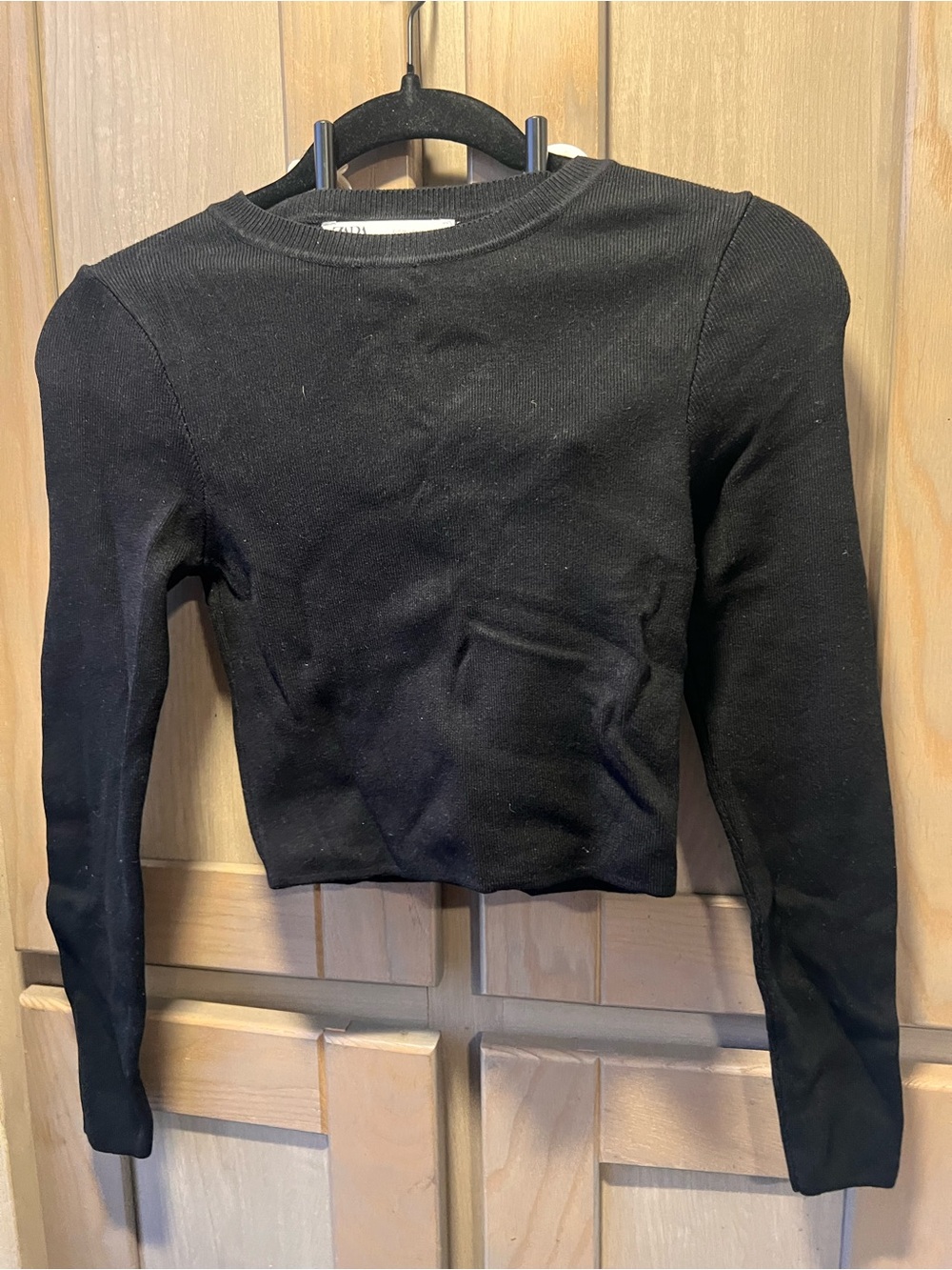 Zara Black Ribbed Cropped Crewneck Sweater Size Medium